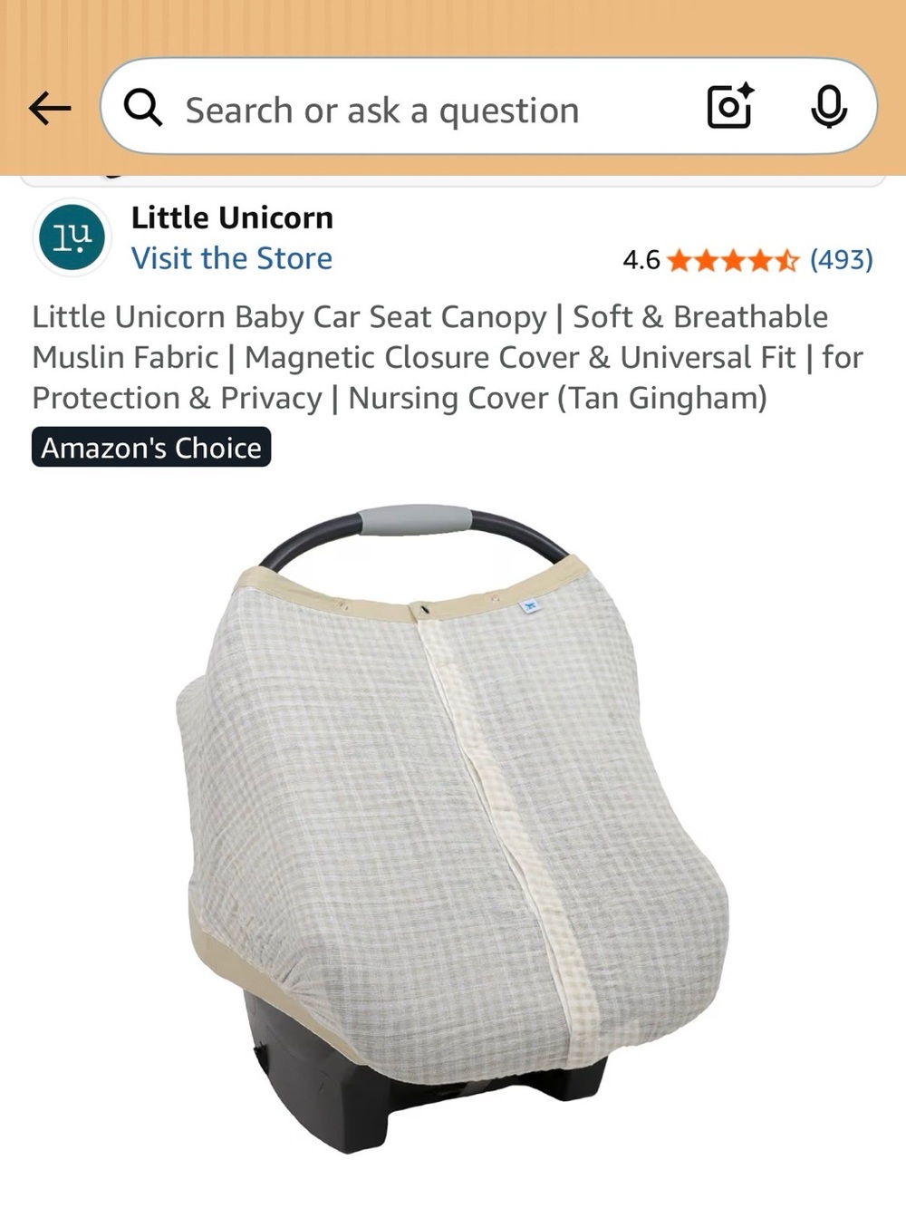 Tan Gingham Baby Car Seat Canopy - Soft Muslin Cover